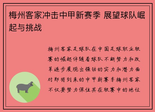 梅州客家冲击中甲新赛季 展望球队崛起与挑战